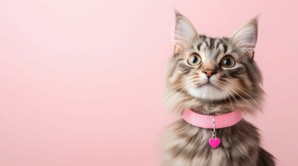 Obraz premium A fluffy cat with a pink collar gazes curiously against a soft pink background, exuding charm and playfulness.