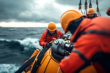Fototapeta premium Offshore renewable energy specialists expertly assembling and fine tuning a cutting edge wave energy converter device the open waters stretching out beyond