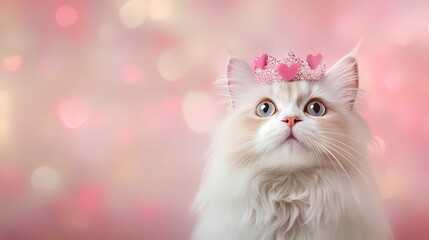 Fototapeta premium A cute cat with a pink crown gazes upward against a soft pink background, creating a whimsical and charming atmosphere.