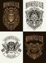Set of vintage motorcycle logo with engraving hand drawn style. vector design