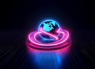 A glowing teal globe encircled by vibrant pink and blue neon light rings rests on a dark, reflective platform.  The scene evokes a futuristic, technological, or cosmic feel.