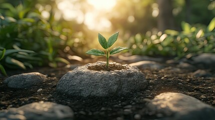 A resilient seedling emerges from a rock, bathed in the warm golden light of sunrise