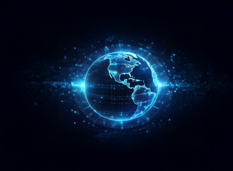 A glowing blue digital globe, encircled by a ring of light, floats in a dark space.  Its surface subtly pulses with energy, suggesting global connectivity and technological advancement.