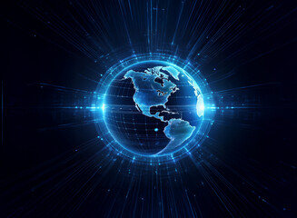 A glowing blue digital Earth, encircled by radiating lines of light and data streams, symbolizes global connectivity and technological advancement.