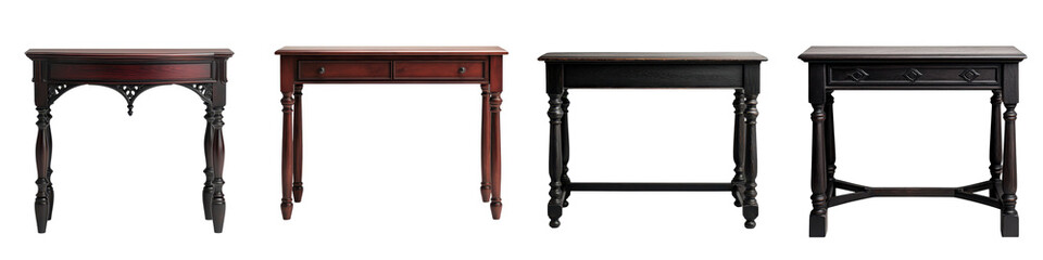 A collection of classic elegant and vintage inspired wooden tables and desks that can be used to create a functional yet stylish home or office workspace  These pieces feature intricate designs