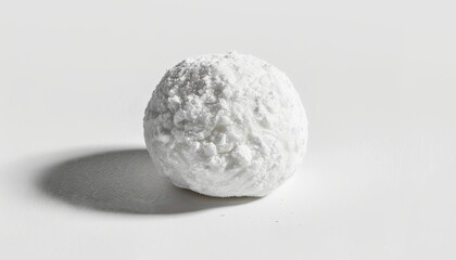 A single, round, white, powdered candy on a white surface casting a shadow.