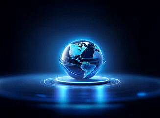 A glowing blue digital Earth hovers on a futuristic platform, radiating energy and technological advancement.  Its sleek design suggests global connectivity and innovation.