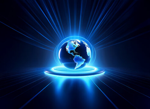 A glowing blue orb, Earth-like, rests on a luminous platform, radiating energy and light beams. It evokes concepts of global connectivity and technological advancement.