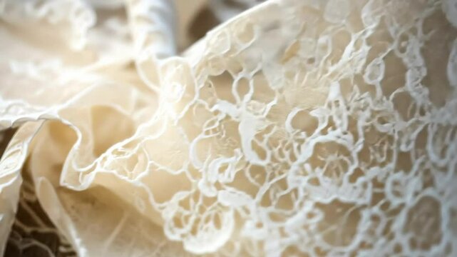 Close up of delicate lace fabric showcasing intricate patterns and softer textures with natural light accentuating details