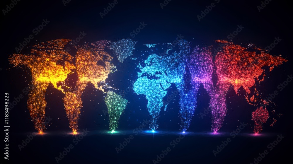 Poster global network connectivity abstract world map with colorful illuminated nodes and lines