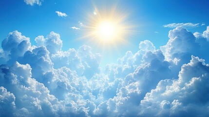 Bright sun shining through fluffy clouds in a blue sky.