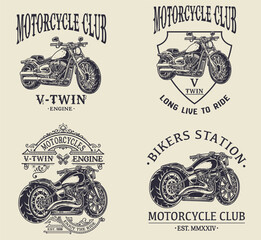 Set of 4 vintage motorcycle  emblems, labels, badges, logos, prints, templates. monochrome style