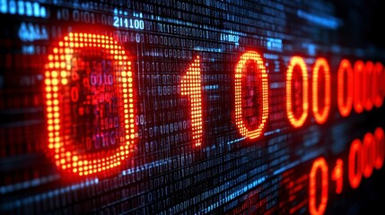 Digital Binary Code Red LED Lights Data Stream Technology Background Abstract 0100 Concept