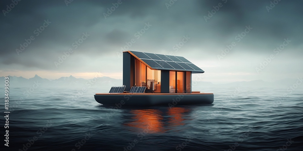 Poster floating geothermal power platform in the middle of the ocean with sleek angular design featuring so
