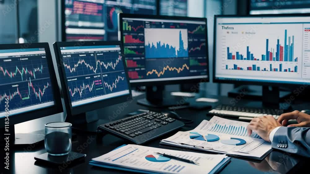 Poster financial analysis in a modern office displays data trends using multiple screens and professional i