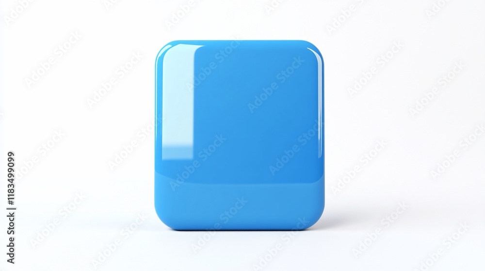 Poster glossy blue square button, digital interface element.