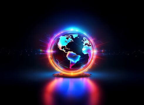 A vibrant, glowing Earth encircled by a multicolored energy ring, reflecting on a dark surface.  The image evokes feelings of global connection and futuristic technology. - Powered by Adobe