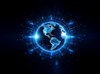 A glowing blue digital Earth, encircled by a futuristic technological ring, symbolizes global connectivity and digital transformation.  The image evokes themes of data, innovation, and the interconnec