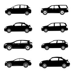 Transporttation vehicles automobile traffic of trasport car van truck black siluete side view pictograms icons set colletions vector flat design white background