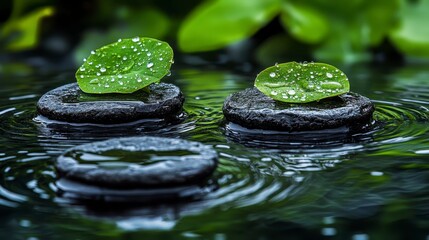 Tranquil Zen Garden Three Smooth Black Stones with Dewy Green Leaves Floating on Calm Water
