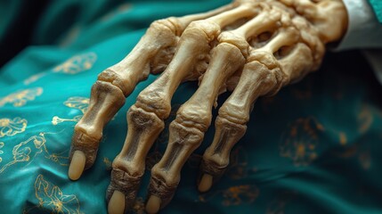 Close-up of a skeletal hand resting on teal fabric.