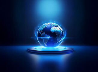A glowing blue Earth rests on a platform, encircled by a vibrant energy field, suggesting global connectivity and technological advancement.  The scene is dark, emphasizing the Earth's luminescence.