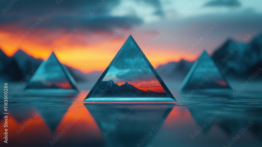 Poster surreal floating geometric mountain range reflected in transparent pyramids