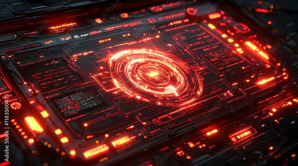 Poster futuristic sci fi technology interface glowing red circuit board with circular hud element