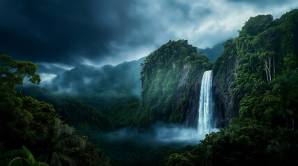 Pristine Forest with Waterfall in Background