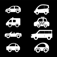 Transporttation vehicles automobile traffic of trasport car van truck White siluete side view pictograms icons set colletions vector flat design black background