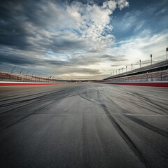 Fototapeta premium A wide-angle shot of a deserted race track with crisscrossing tire marks on the asphalt