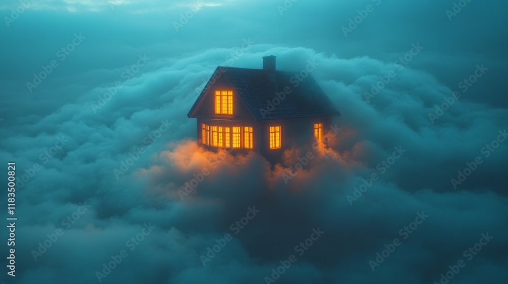 Poster a house dangles upside down in a sea of thick, swirling clouds, illuminated from within by warm, gol