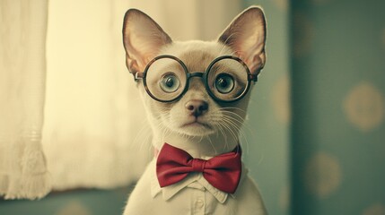 Obraz premium Clever cat in bow tie and glasses indoor setting pet photo fun environment playful viewpoint
