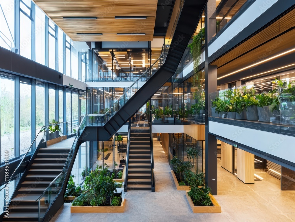 Poster modern architecture showcase office building interior design urban environment open space user-frien