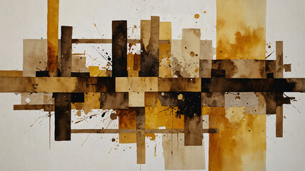 Abstract painting with rectangular shapes and splatters in shades of brown, beige, and yellow