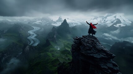 Triumphant adventurer standing on the peak of a snow capped mountain arms raised in a gesture of victory surrounded by a dramatic sweeping panorama of rugged glacier carved peaks and valleys