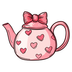 Red tiny heart patterned tea kettle with a pink bow tie illustration teapot hearts vector