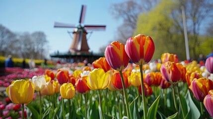 Field of colorful tulips with windmill in the background, picturesque and charming 