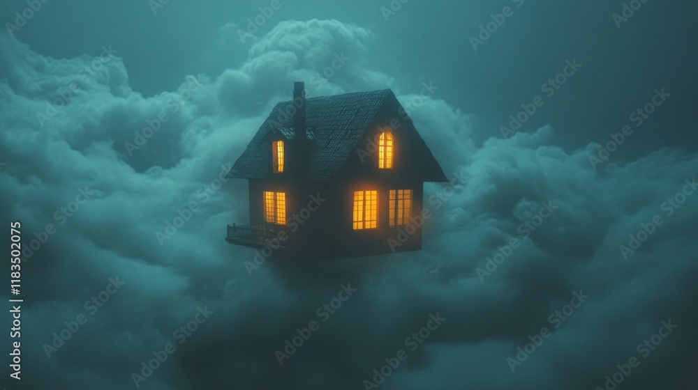 Aufkleber an upside-down house floats serenely amidst soft, swirling clouds, its warm windows glowing in the t