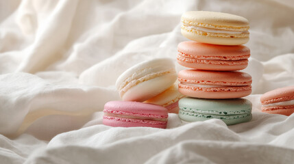 French Macron cookies placed on a white tablecloth