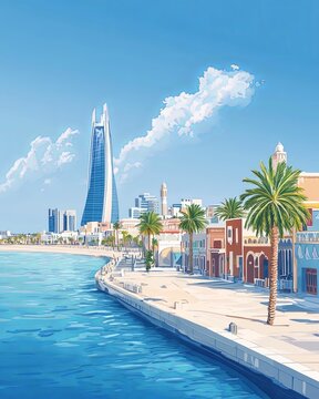 Sanabis Bahrain Travel Poster Flat Illustration Print Decor Gift Canvas Wall Art Gift