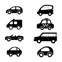 Transporttation vehicles automobile traffic of trasport car van truck black siluete side view pictograms icons set colletions vector flat design white background