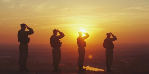 Silhouetted soldiers stand in salute as the sun rises over a vast landscape - ai