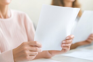 Hands Holding Documents in Community Forum Setting with Blurred Background of Citizens