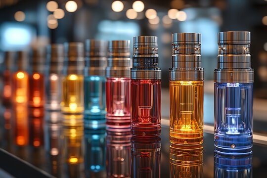 Colorful vape mods or electronic cigarettes displayed in a store, showcasing modern vaping technology.