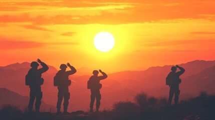Silhouetted soldiers stand in salute as the sun rises over a vast landscape - ai