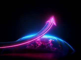 A vibrant pink and blue neon arrow ascends, symbolizing growth and progress over a partially visible Earth. The dark background enhances the arrow's luminescence, creating a futuristic feel.