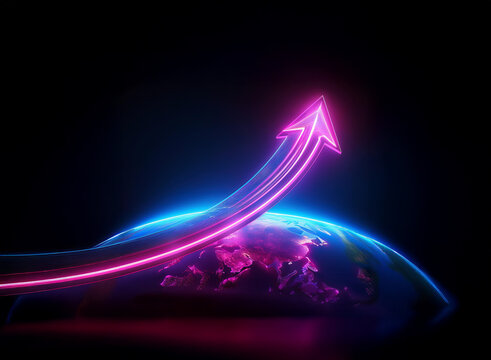 A vibrant pink and blue neon arrow ascends, symbolizing growth and progress over a partially visible Earth.  The dark background enhances the arrow's luminescence, creating a futuristic feel.