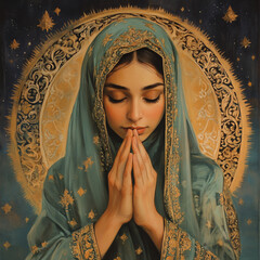Woman in traditional attire, hands clasped in prayer under a golden ornate arch, symbolizing faith, spirituality, and cultural elegance in a peaceful setting