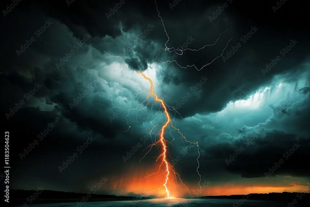 Poster towering jagged electric arcs of lightning rending the stormy turbulent sky photographed with a high